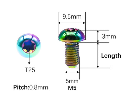 Titanium Bolt M5x10 12 15mm T25 Button Torx Head Screw for Bicycle Disc Brake,Pitch 0.8mm, by Tianswe