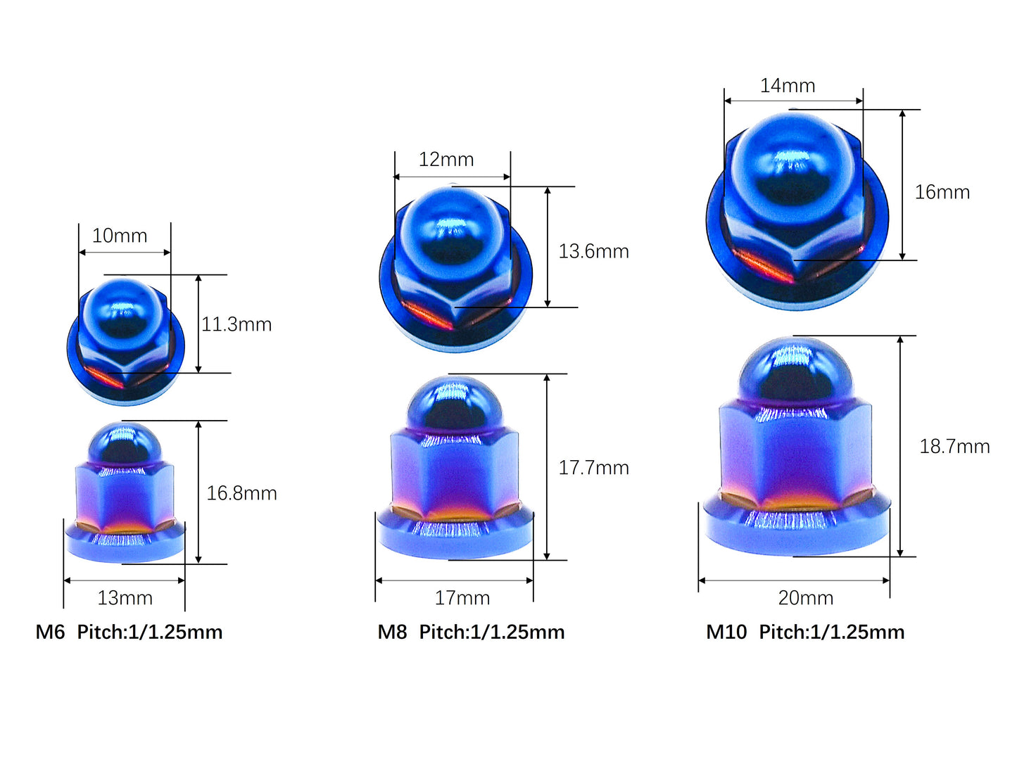 Titanium Nut M6 M8 M10 Dome Nut for Bike Motorcycle Car ,Pitch 1/1.25mm, by Tianswer