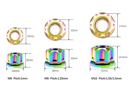 Titanium Nut M6 M8 M10 M12 M14 M16 Flange Fancy Rear Axle Nut for Mountain bike motorcycle car modification ,Pitch 1/1.25/1.5mm, by Tianswer