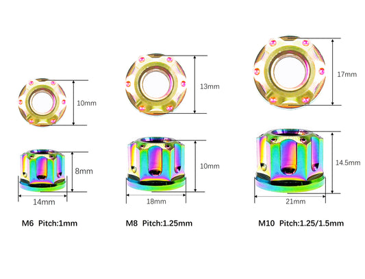 Titanium Nut M6 M8 M10 M12 M14 M16 Flange Fancy Rear Axle Nut for Mountain bike motorcycle car modification ,Pitch 1/1.25/1.5mm, by Tianswer