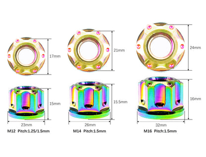 Titanium Nut M6 M8 M10 M12 M14 M16 Flange Fancy Rear Axle Nut for Mountain bike motorcycle car modification ,Pitch 1/1.25/1.5mm, by Tianswer