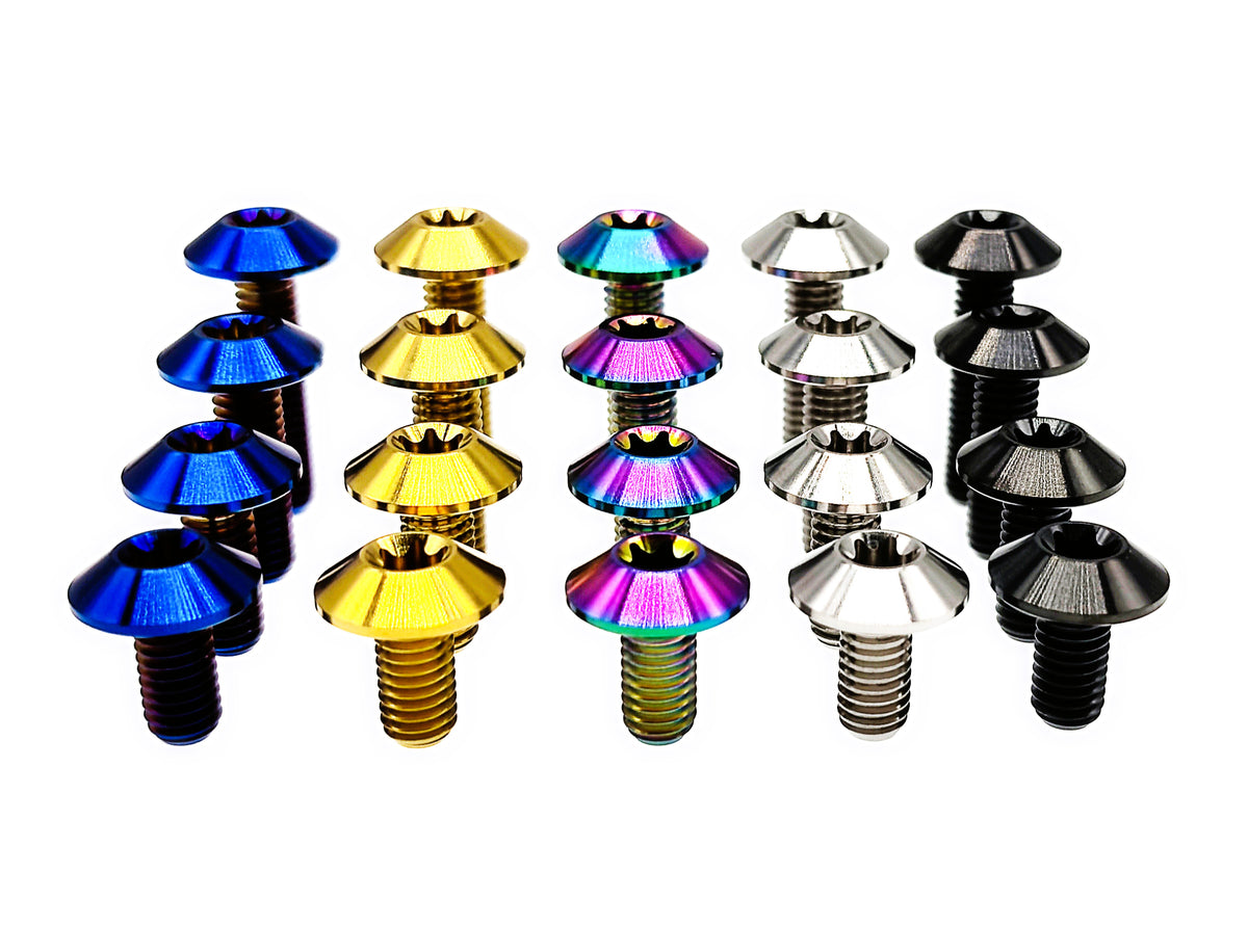 Titanium M6 umbrella Torx head bolts in five anodized finishes, four lengths each