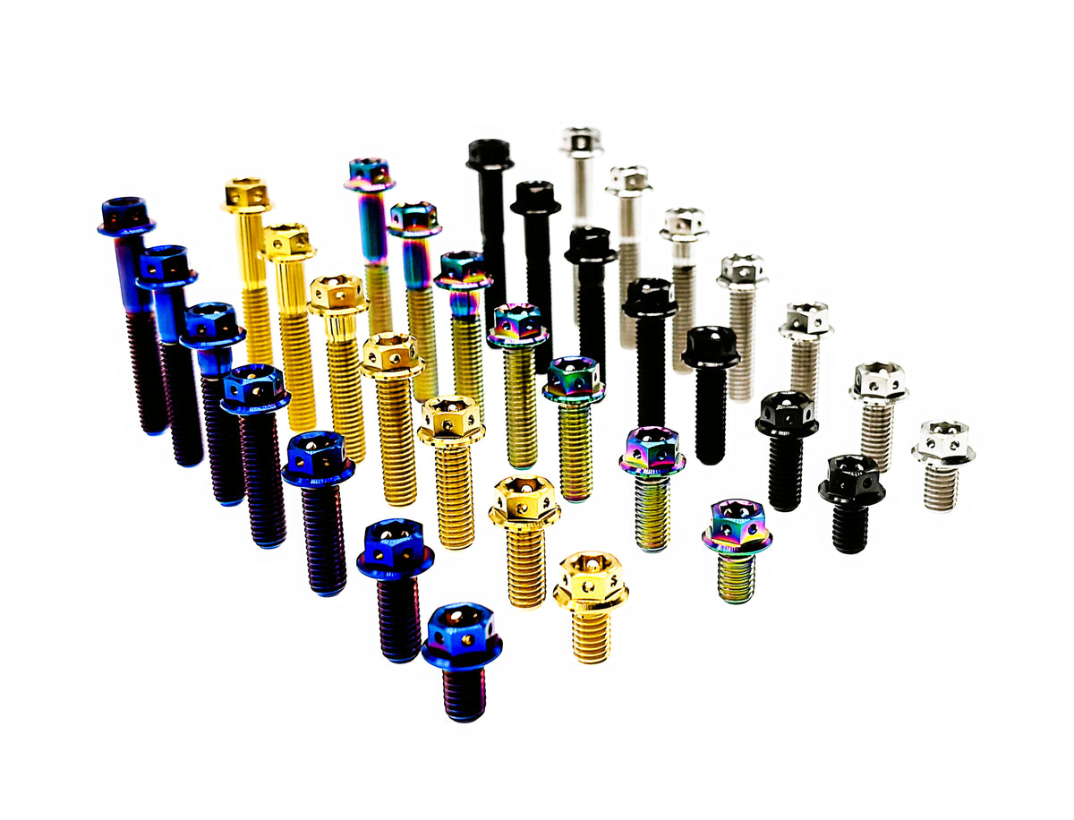 Rows of titanium M6 flange hex head motorcycle bolts in five finishes and mixed lengths
