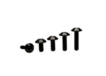 Black anodized titanium M6 umbrella head Torx screws in five ascending lengths