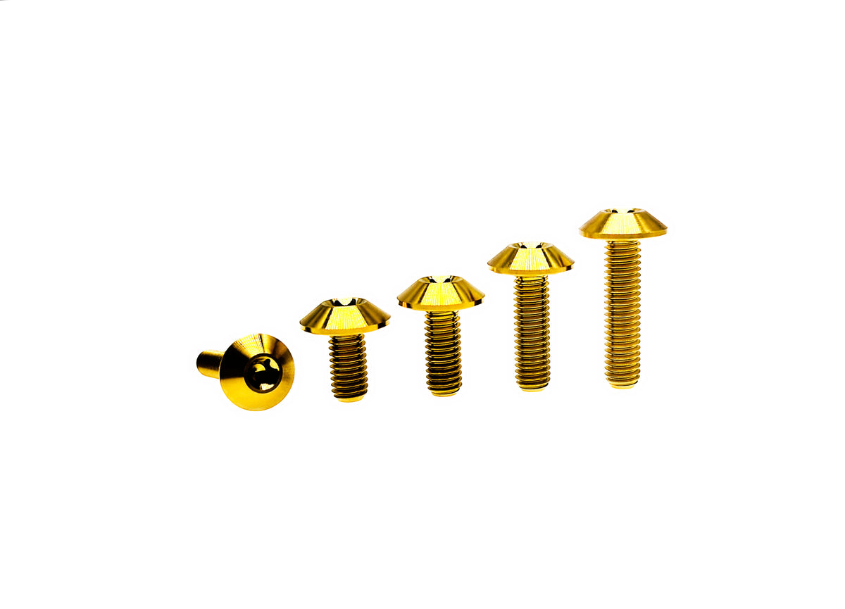 Gold anodized titanium M6 umbrella head Torx screws lined up from short to long