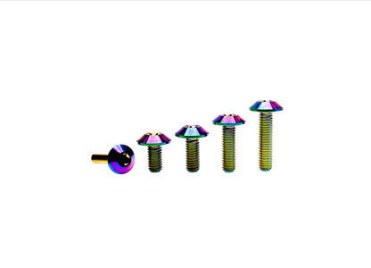 Rainbow anodized titanium M6 umbrella head Torx bolts arranged by increasing length