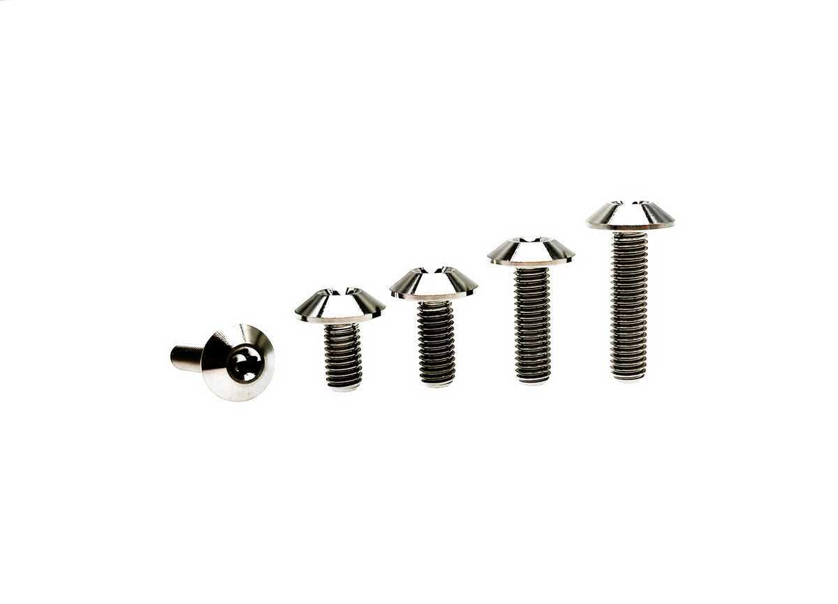 Natural titanium M6 umbrella head Torx screws in five lengths with polished heads