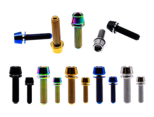 Titanium M6 tapered head hex socket bolts with washers in five finishes and two lengths