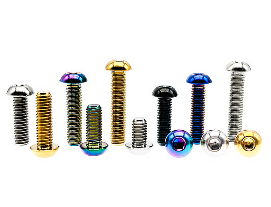 Titanium M6 ISO7380 button head screws in five anodized finishes and assorted lengths