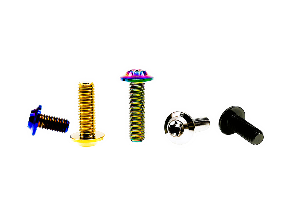 Five titanium M6 umbrella disc head Torx bolts, one per finish, angled on white