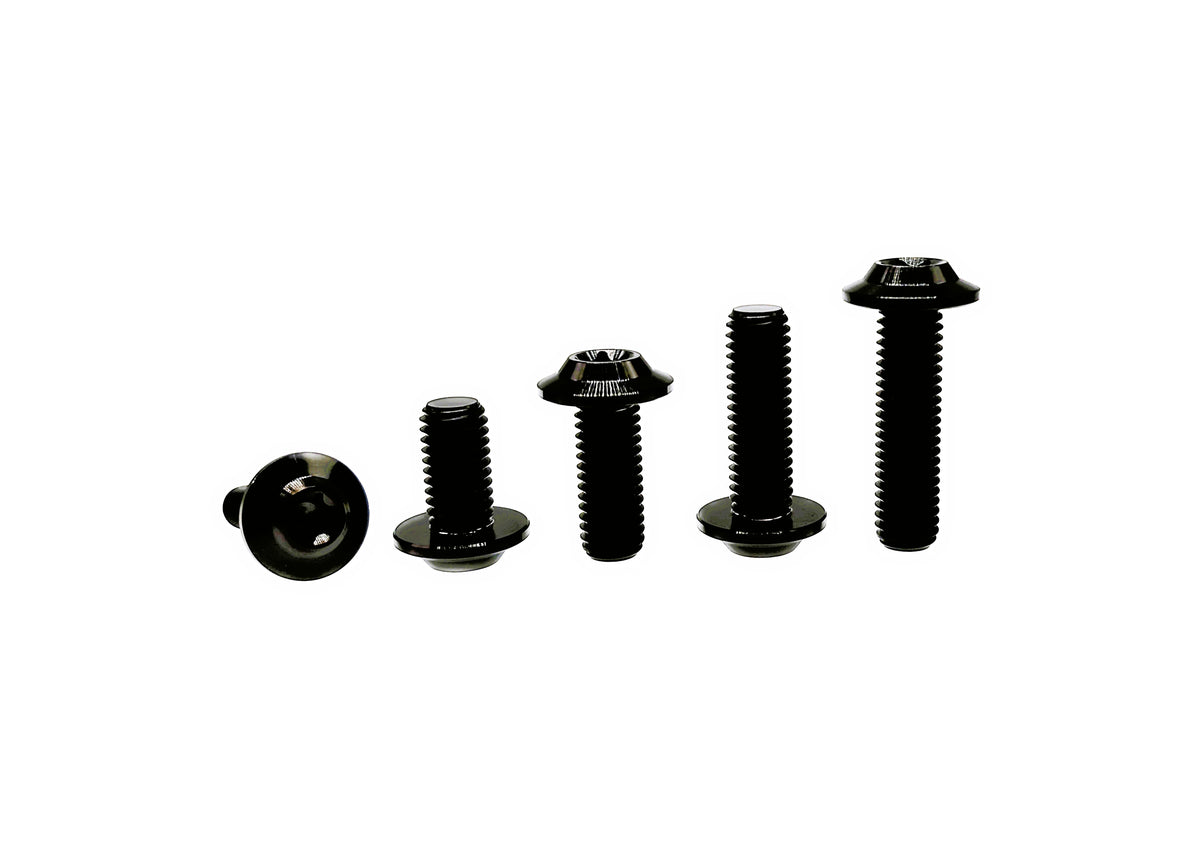 Black anodized titanium M6 umbrella disc head Torx bolts in five lengths