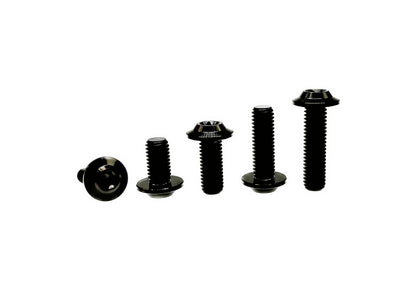 Black anodized titanium M6 umbrella disc head Torx bolts in five lengths