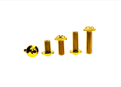Gold anodized titanium M6 umbrella disc head Torx bolts arranged by length