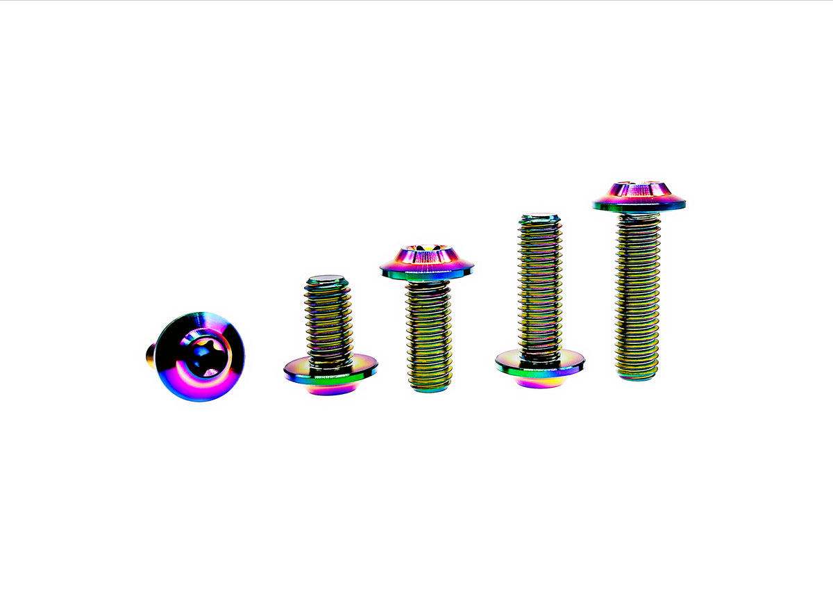 Rainbow anodized titanium M6 umbrella disc head Torx bolts in five increasing lengths