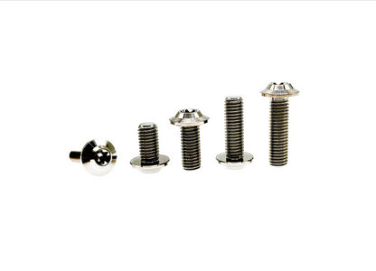 Natural titanium M6 umbrella disc head Torx bolts in five lengths, raw polished finish