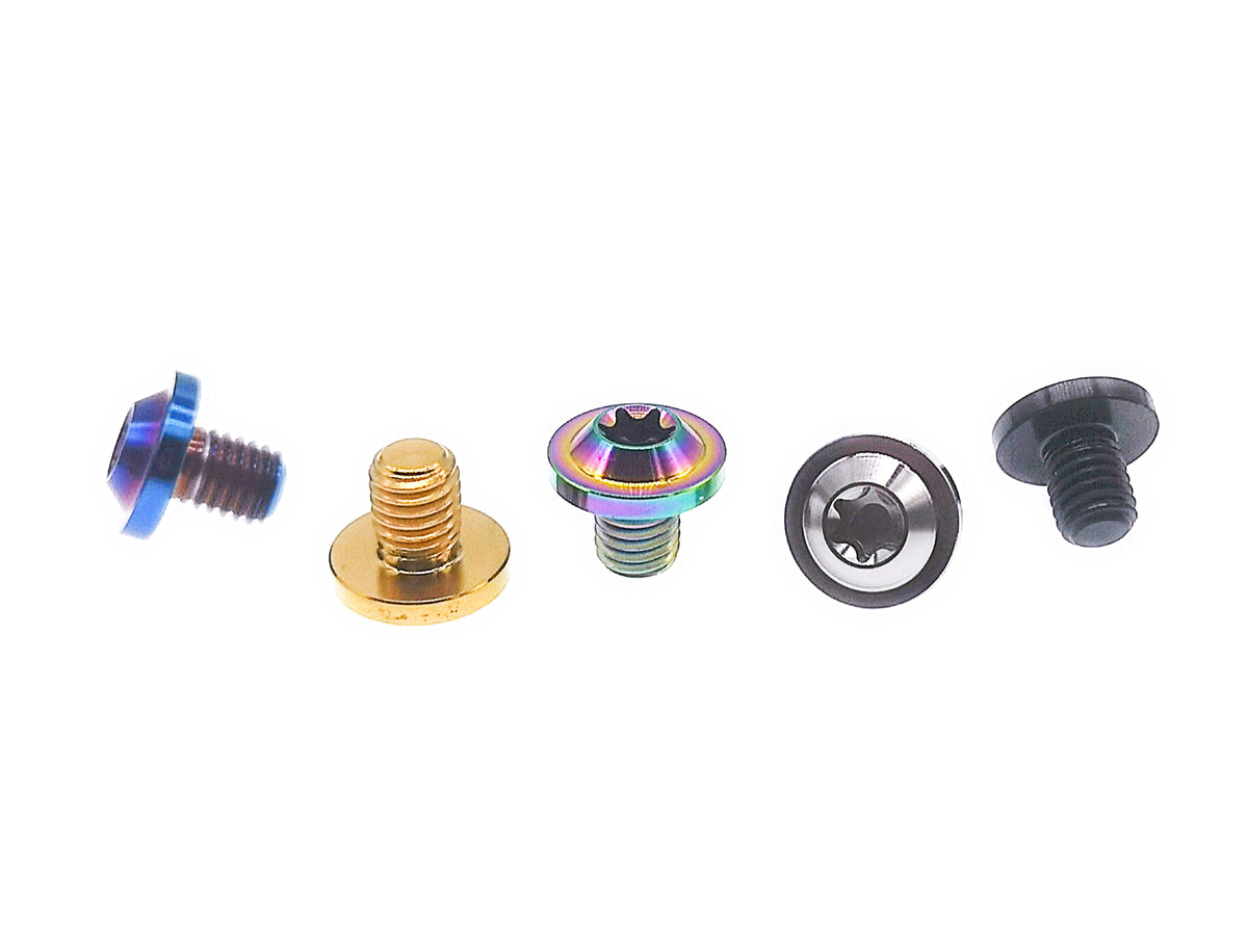 Five titanium M8 flying saucer Torx head bolts, one in each anodized finish