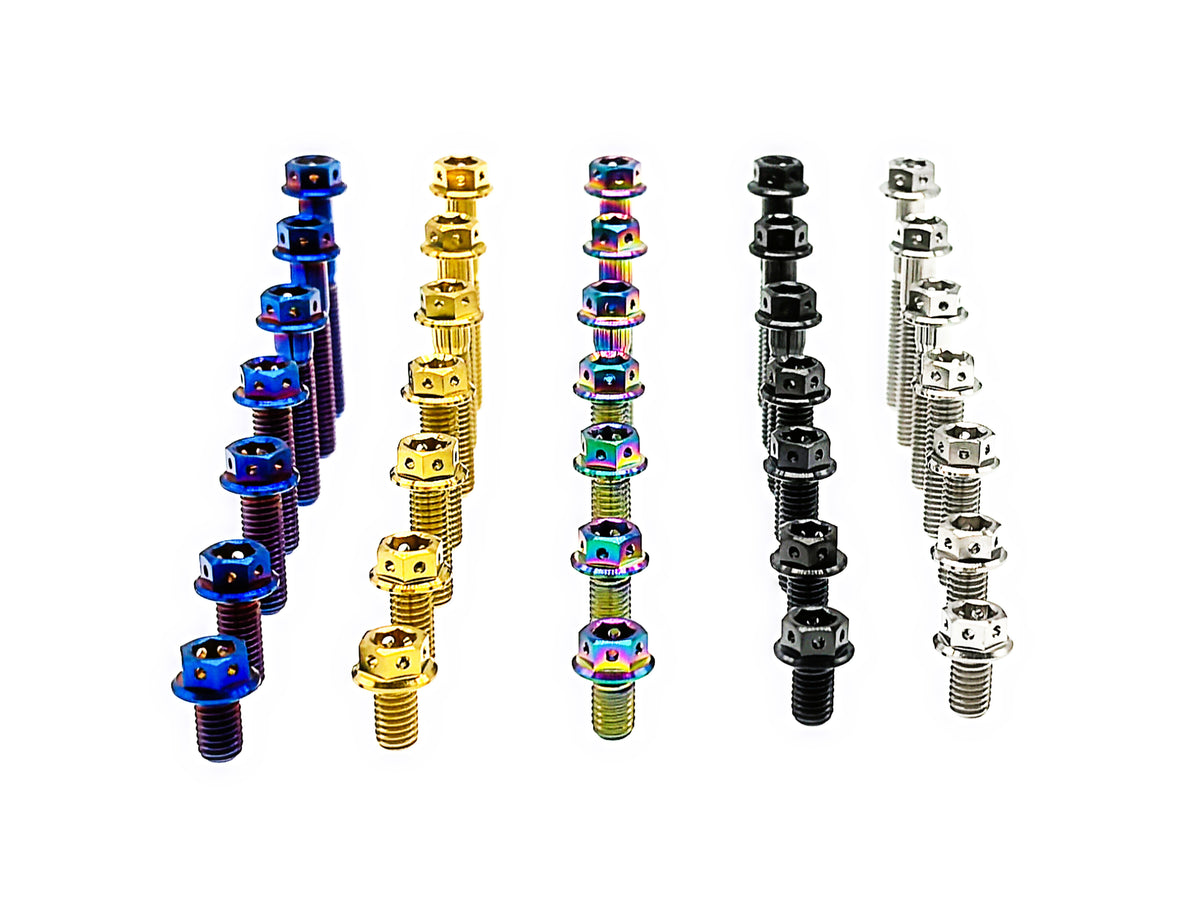 Titanium M8 flange hex caliper bolts with lockwire holes in five anodized finishes