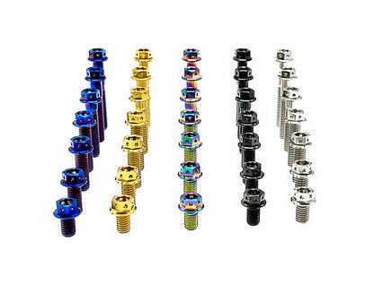 Titanium M8 flange hex caliper bolts with lockwire holes in five anodized finishes