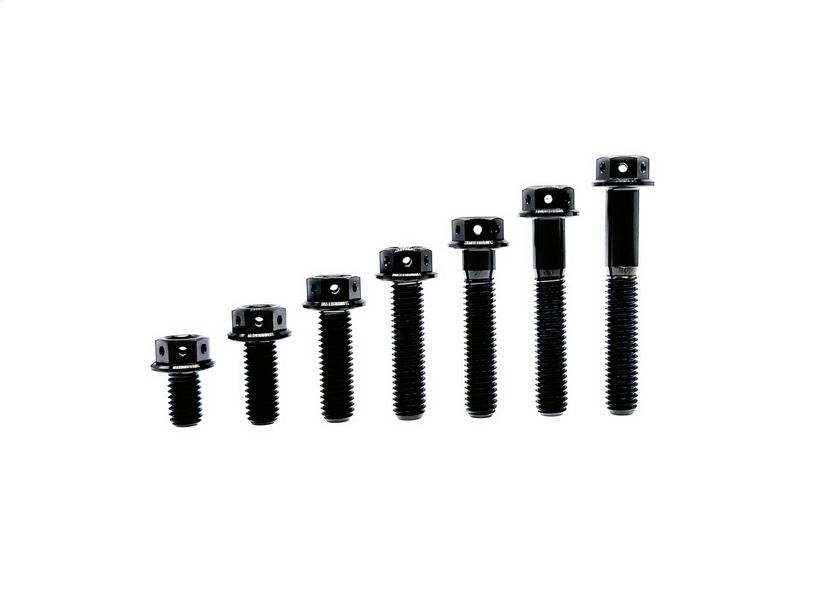 Black anodized titanium M8 drilled flange hex head bolts in seven ascending lengths