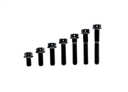 Black anodized titanium M8 drilled flange hex head bolts in seven ascending lengths