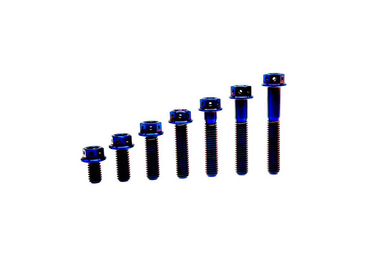 Burn Blue titanium M8 flange hex head bolts with wire holes in seven lengths