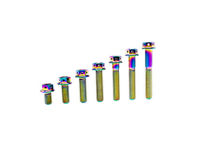 Rainbow anodized titanium M8 drilled flange hex bolts sized from short to long