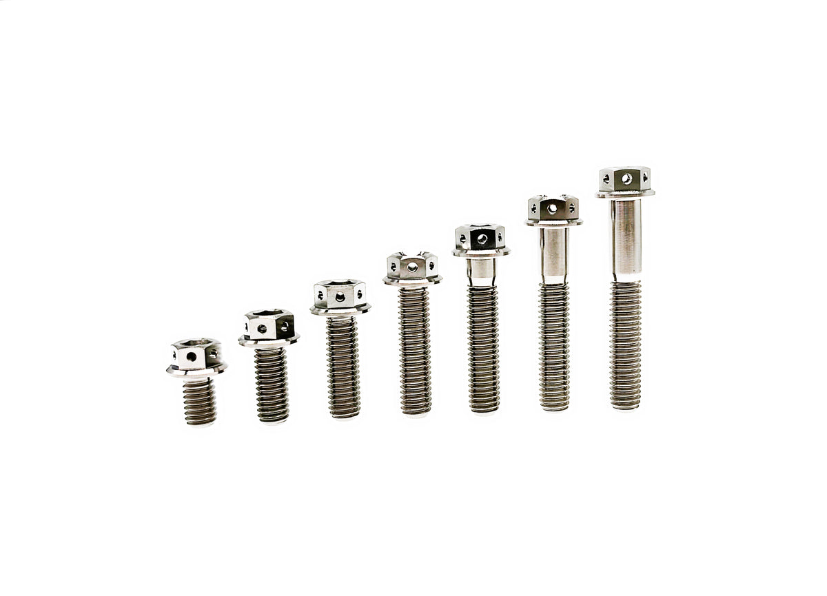 Natural titanium M8 flange hex head bolts with drilled heads in seven lengths