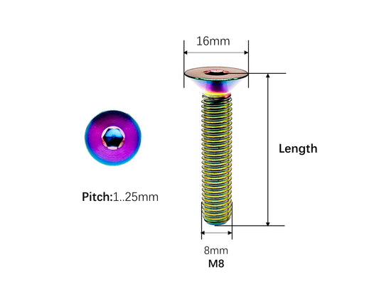 Titanium Bolt M8x10 15 20 25 30 35 40 45 50 55 60 65 70 75 80 85 90mm DIN7991 Full Thread Flat Countersunk Hex Socket Head Screw for Bike Motorcycle,Pitch 1.25mm , by Tianswer