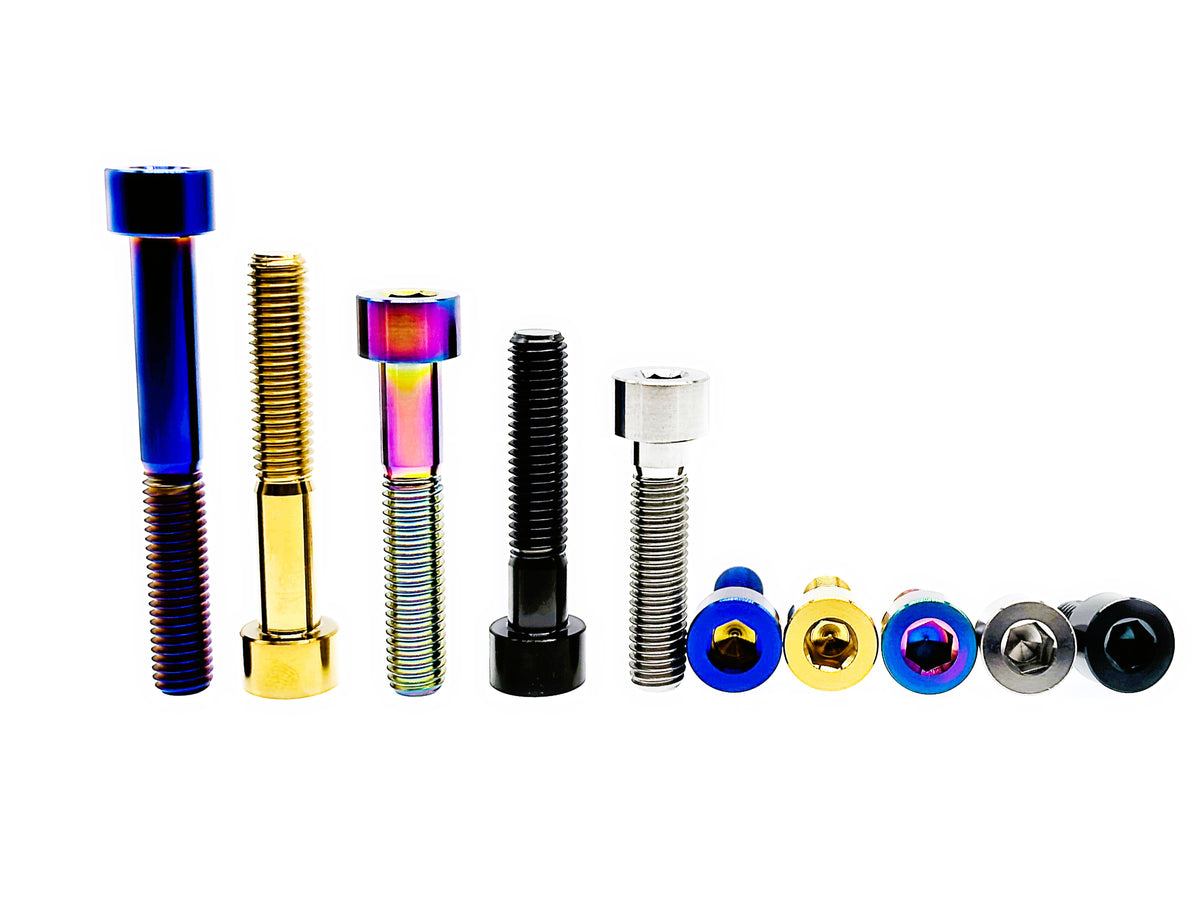 Long and short titanium M8 DIN912 socket cap bolts in five anodized finishes