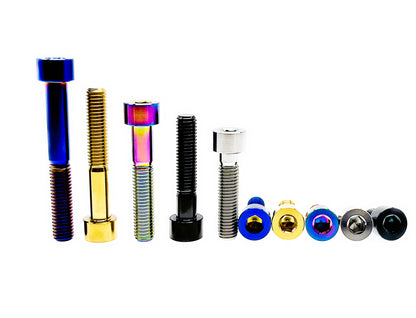 Long and short titanium M8 DIN912 socket cap bolts in five anodized finishes
