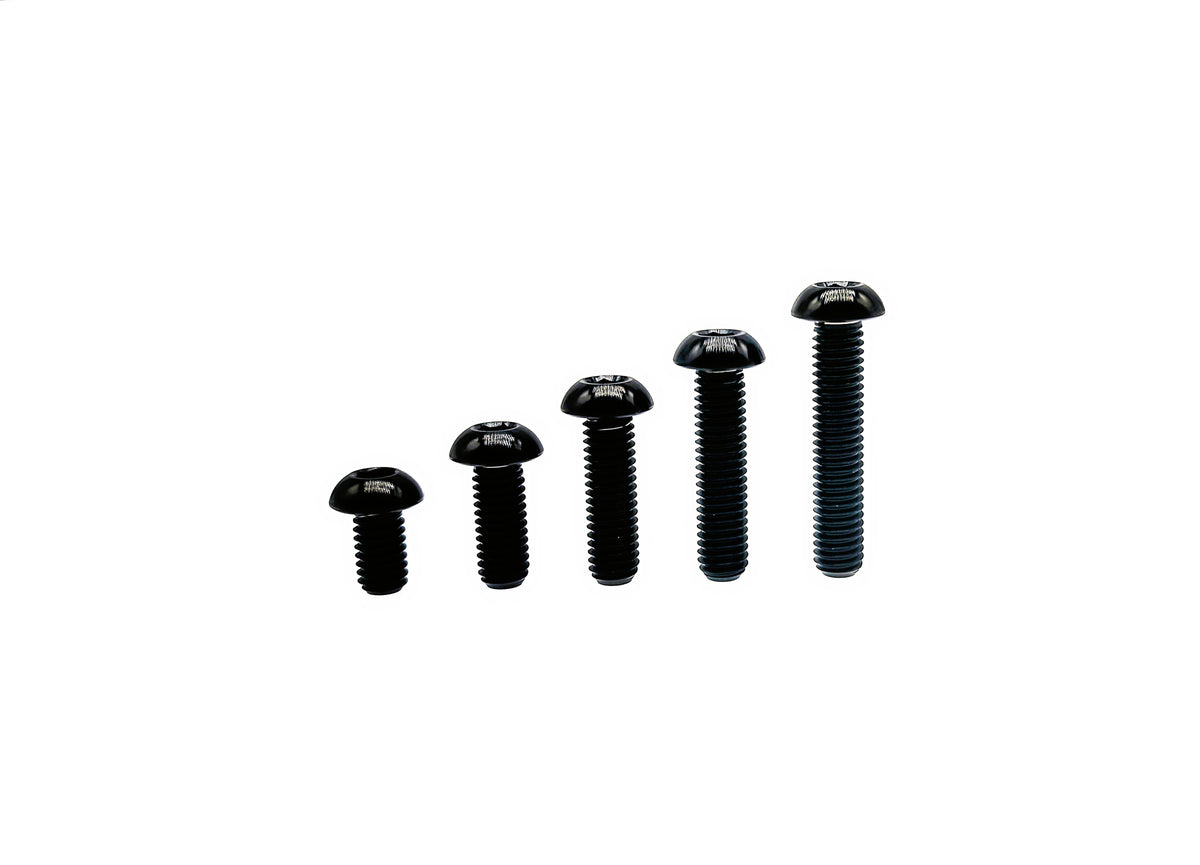 Black anodized titanium M8 ISO7380 button head screws in five different lengths