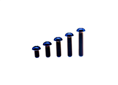 Burn Blue titanium M8 ISO7380 button head bolts in five increasing lengths