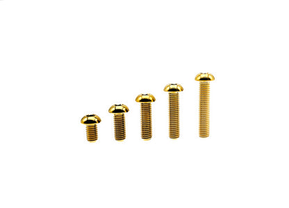 Gold anodized titanium M8 ISO7380 button head bolts in five ascending lengths