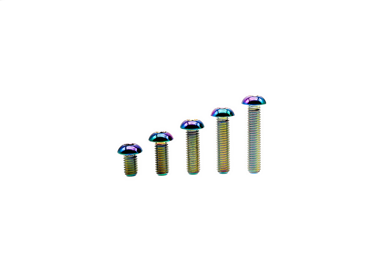 Rainbow anodized titanium M8 ISO7380 button head screws in five stepped lengths