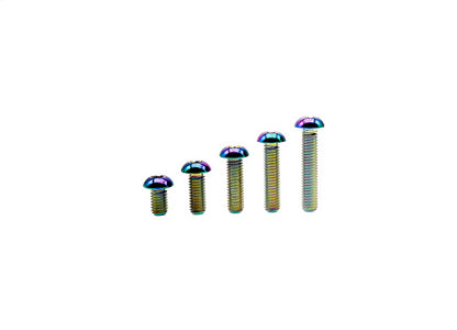 Rainbow anodized titanium M8 ISO7380 button head screws in five stepped lengths