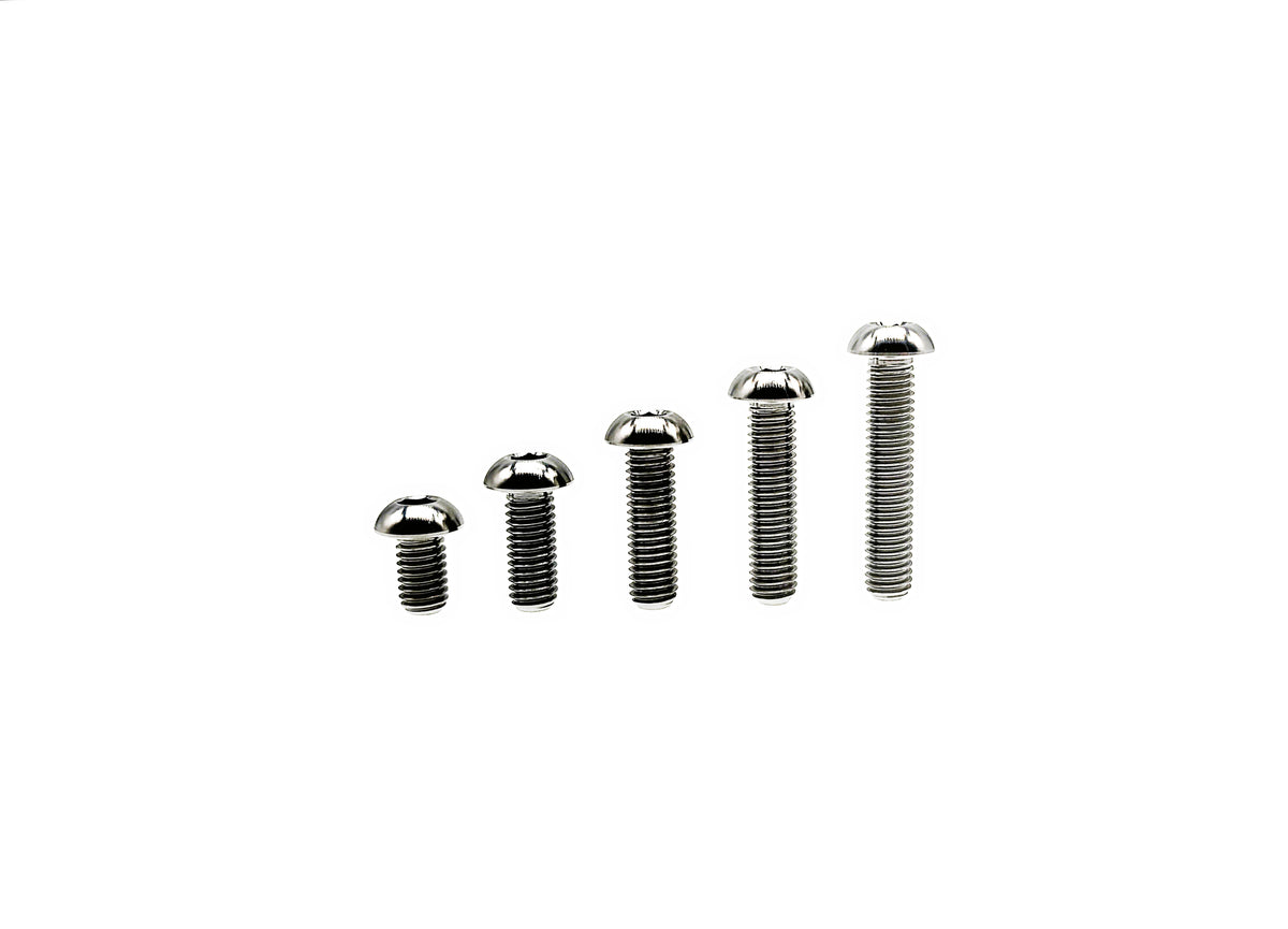 Natural titanium M8 ISO7380 button head bolts in a graduated length lineup