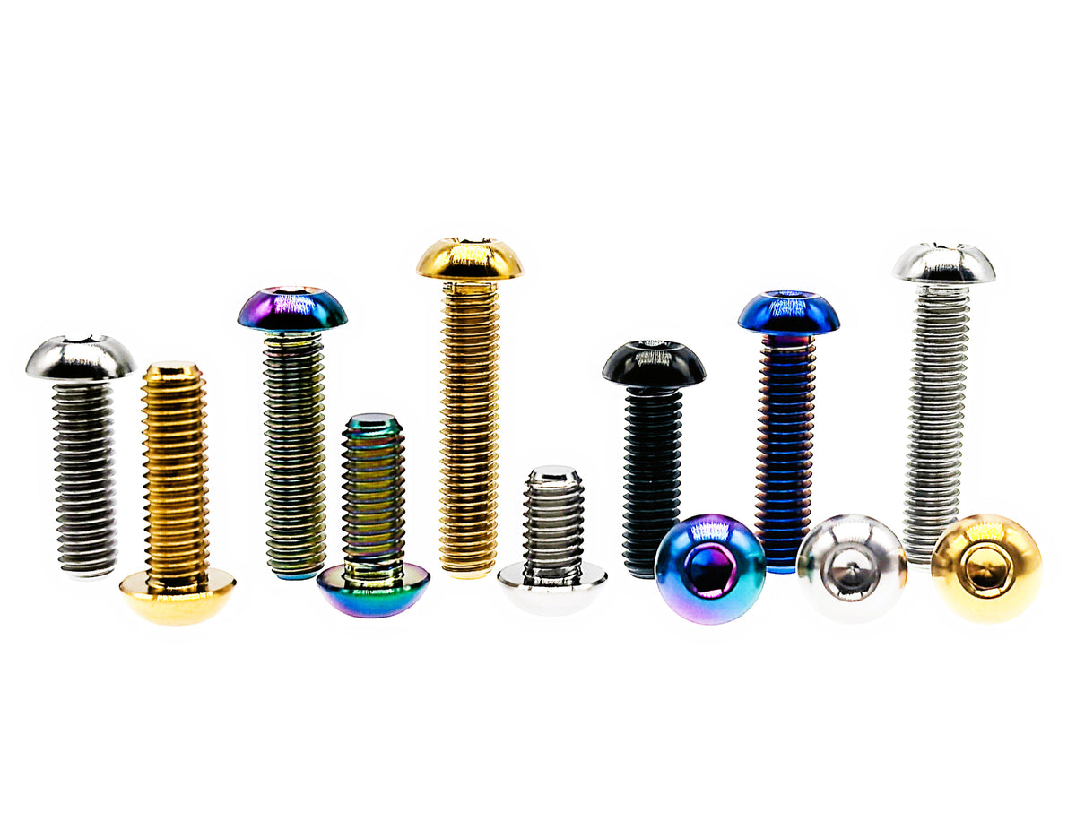 Titanium M8 ISO7380 button head screws in five anodized finishes and assorted lengths