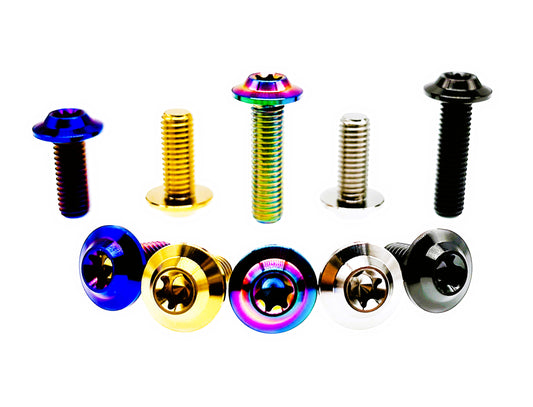 Umbrella disc head titanium M8 Torx bolts in five finishes, head and side profiles