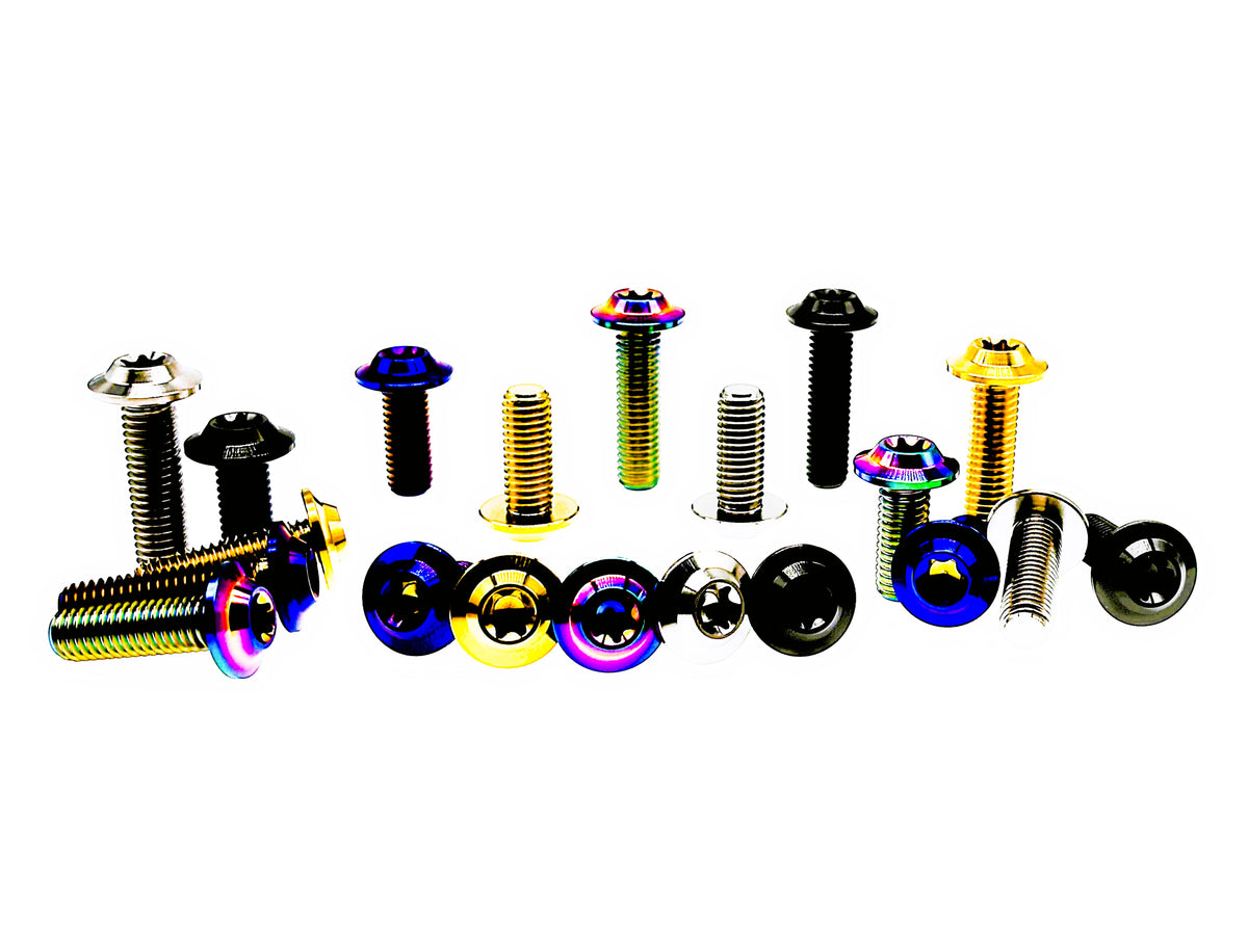 Assorted anodized titanium M8 umbrella disc head Torx bolts in mixed colors and lengths