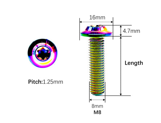 Titanium Bolt M8x15 20 25 30 35mm Umbrella Disc Torx T30 Thin Head Screw for Bicycles and Motorcycles ,Pitch 1.25mm,by Tianswer