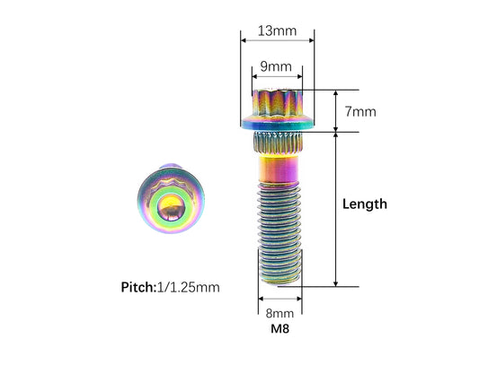 Titanium Bolt M8×28 30 32mm Bi-Hex/12point Flange Bolts  for Car Wheel hub,fastening screws,BBS specific,Pitch 1/1.25mm,by Tianswer