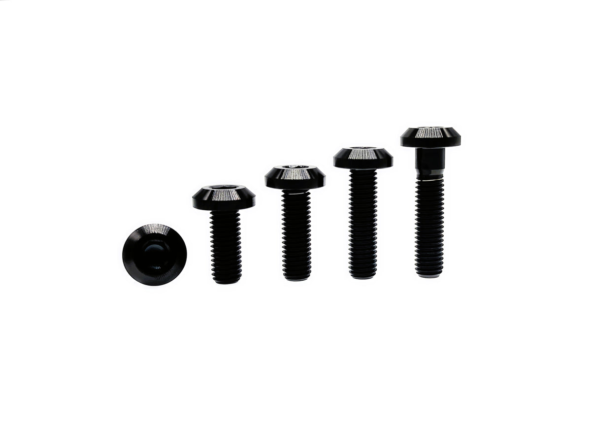 Black anodized titanium M8 and M8 umbrella head bolts with hex socket drive
