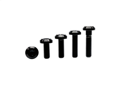 Black anodized titanium M8 and M8 umbrella head bolts with hex socket drive