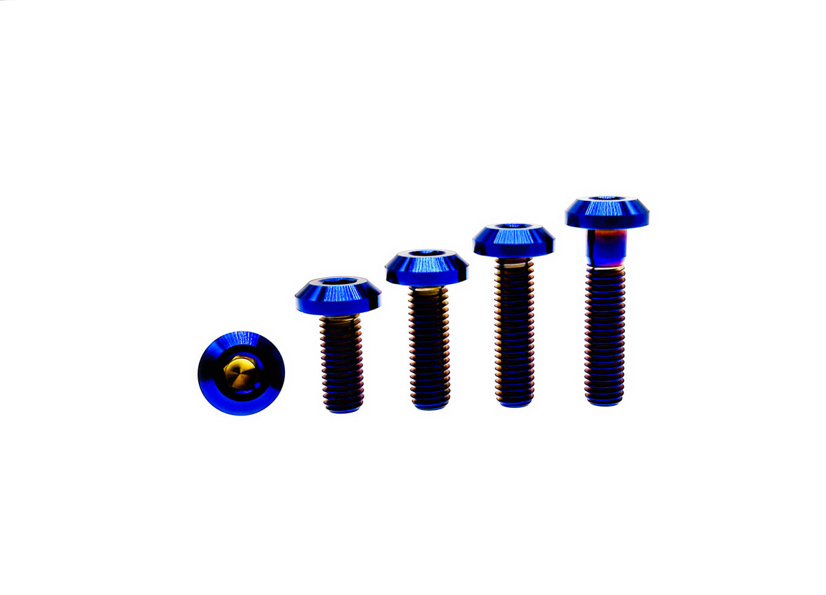 Burn Blue anodized titanium M6 and M6 umbrella head bolts in four ascending lengths