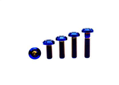 Burn Blue anodized titanium M6 and M6 umbrella head bolts in four ascending lengths