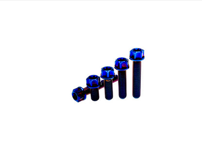 Burn Blue titanium M5 flange Torx head bolts in five increasing lengths