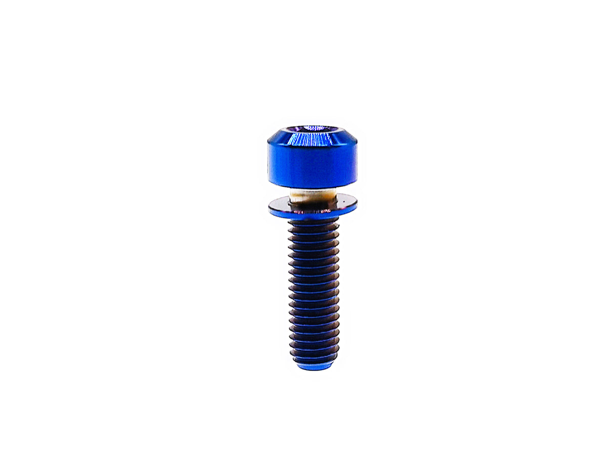 Burn Blue titanium M6 chamfered column bolt with hex socket and captive Ti washer