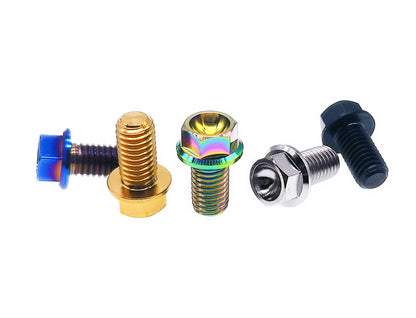 Five anodized titanium M8 small flange hex head bolts on white