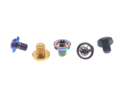 Five titanium M5 flying saucer Torx head bolts, one in each anodized finish