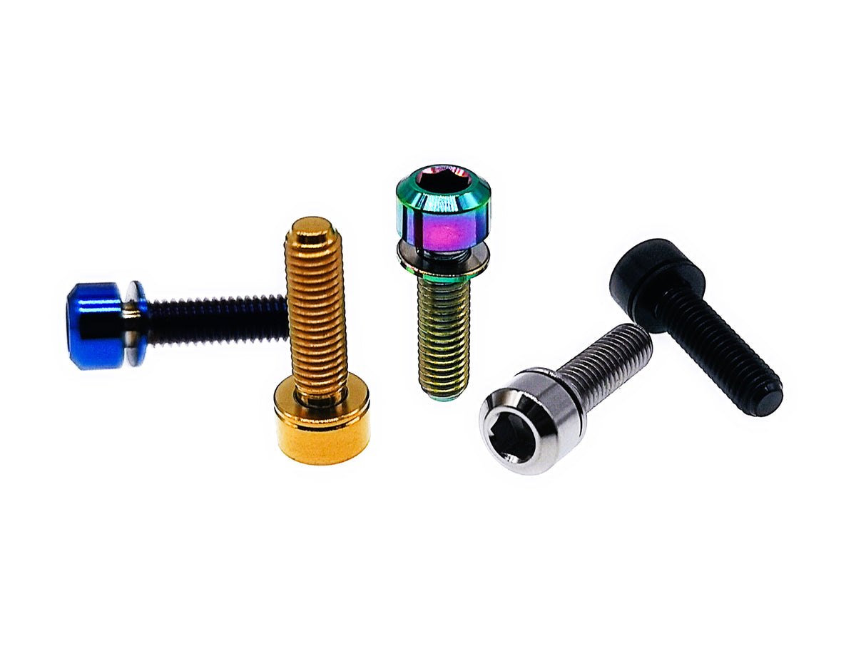 Five titanium M5 hex socket bolts with anti-fall off washers in five anodized finishes